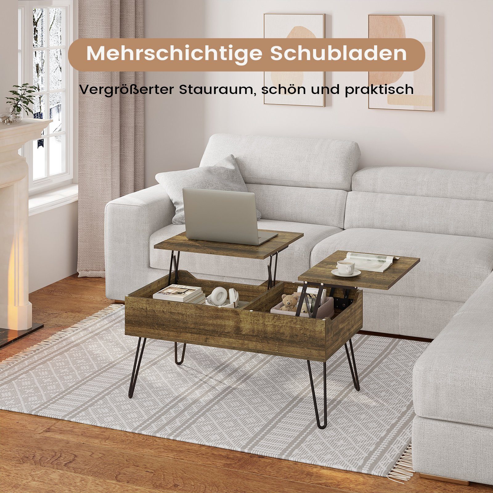 Woltu Couchtisch (1-St), separates verstecktes Ablagefach, Doppelte Hubplatte