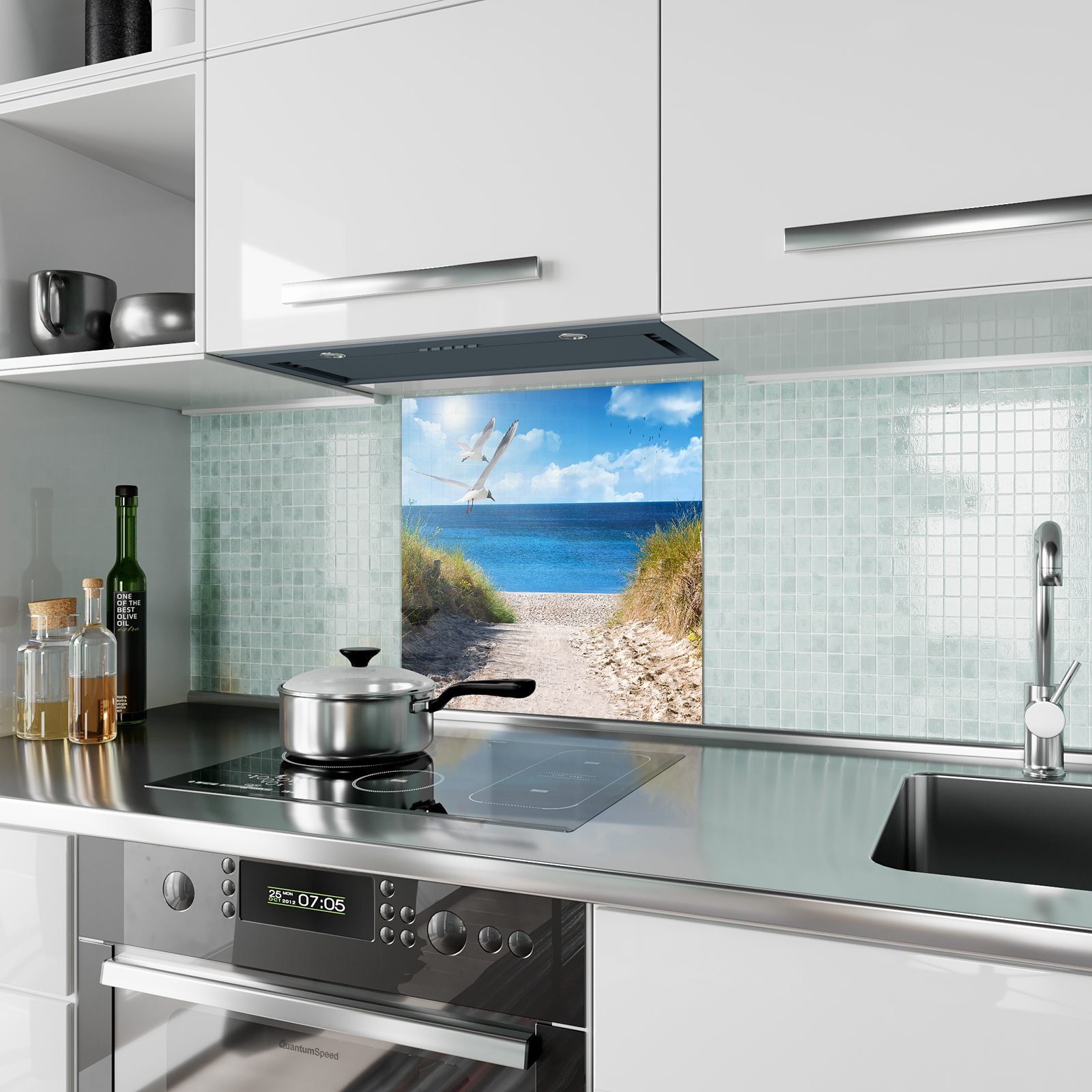 Primedeco Küchenrückwand Küchenrückwand Spritzschutz Glas mit Motiv Möwen am Meer