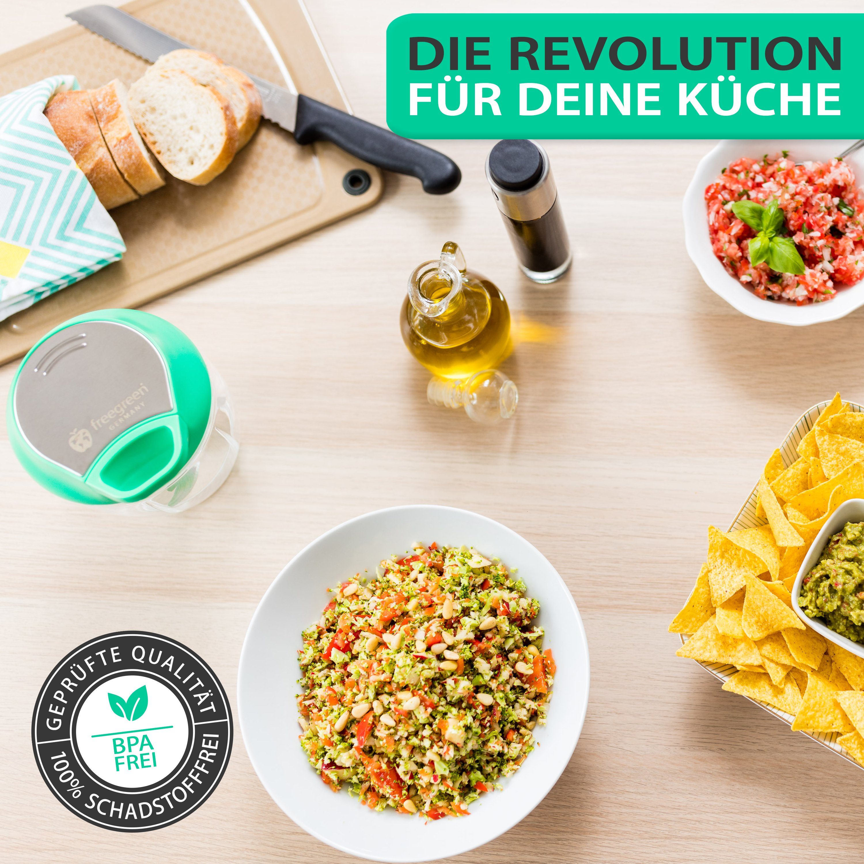 freegreen® Zwiebelhacker 940 ml, Multi-Zerkleinerer I Zwiebelschneider I Universalzerkleinerer, Edelstahl Gemüseschneider mit Mixer-Einsatz und Frischhaltedeckel