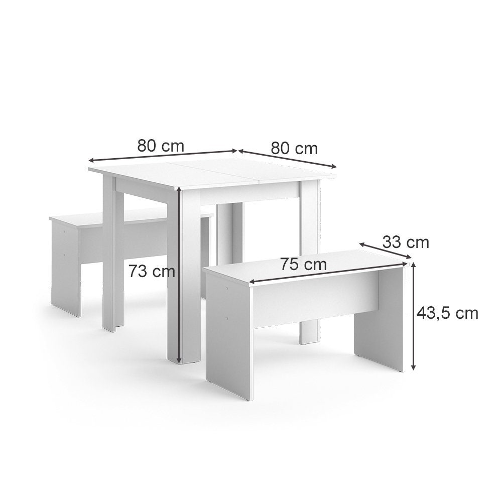 Vicco Essgruppe Tischgruppe Sitzgruppe SENTIO 80 cm Weiß, (Set, 3-tlg., 3-er Set), platzsparend