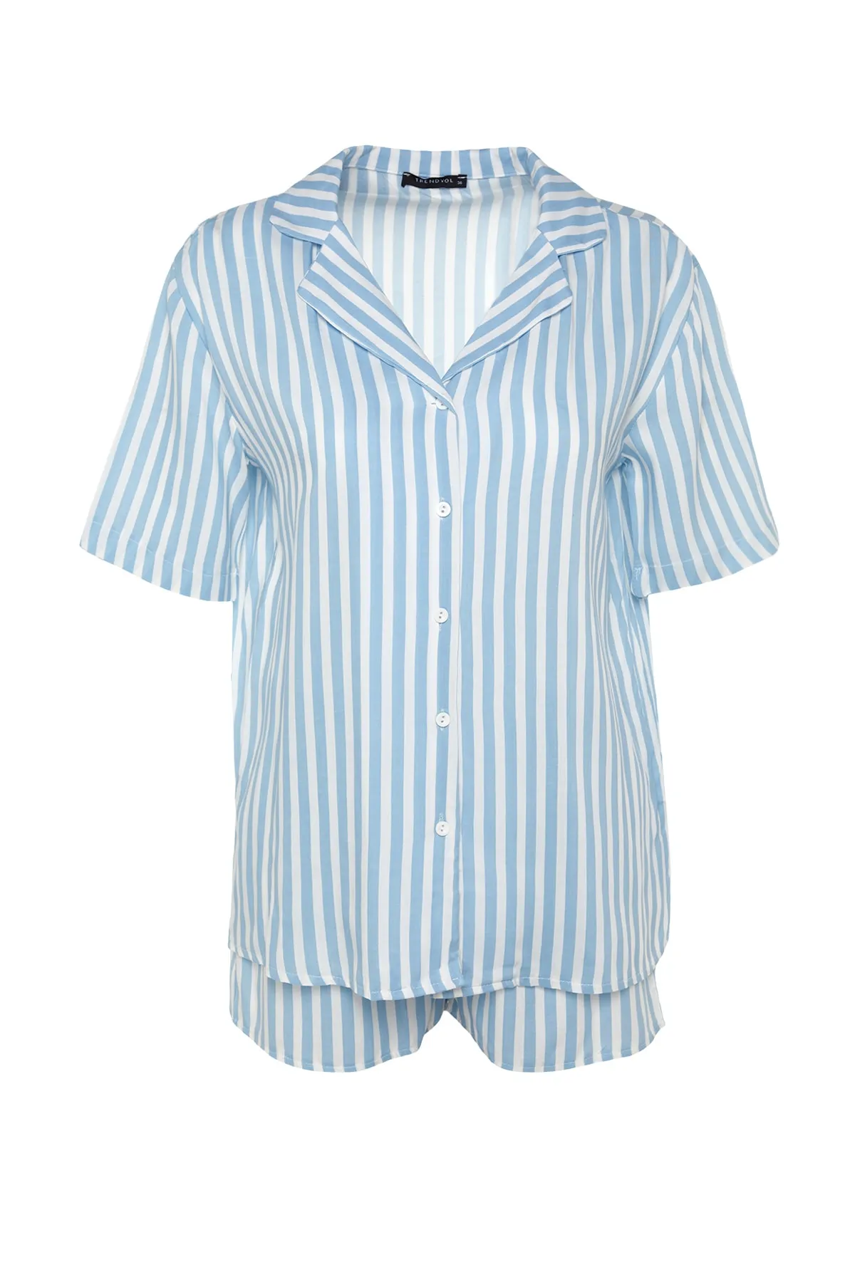 Trendyol Collection  Blau gestreiftes Viskose-Hemd-Shorts-Pyjama-Set mit weitem Schnitt THMSS21PT0179