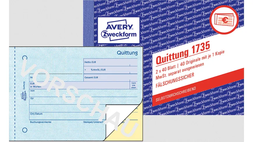 AVERY Zweckform Quittung 1735, MwSt. separat ausgewiesen, 1. & 2.Blatt bedr., SD, DIN A6 quer