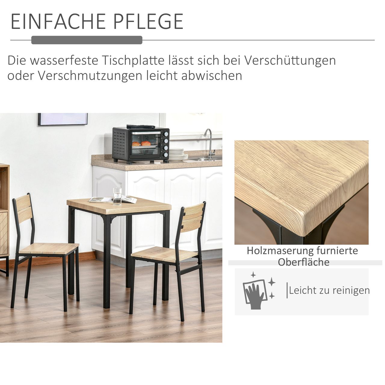 HOMCOM 3-teilige Essgruppe Küchentisch mit Metallgestell Esszimmergruppe Sitzgruppe Esstisch Set Holztisch Naturholzmaserung   Schwarz mit 1 Tisch   2 Stühlen