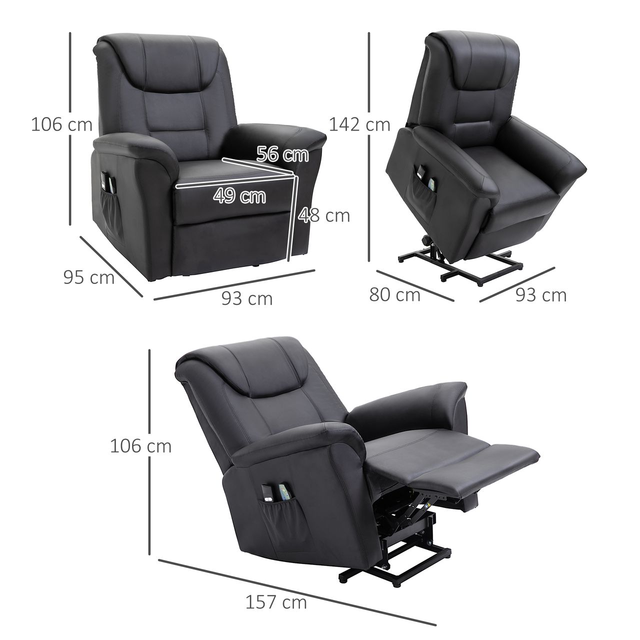 HOMCOM Sessel mit Aufstehhilfe, Verstellbarer Massagesessel Kunstleder Schwarz