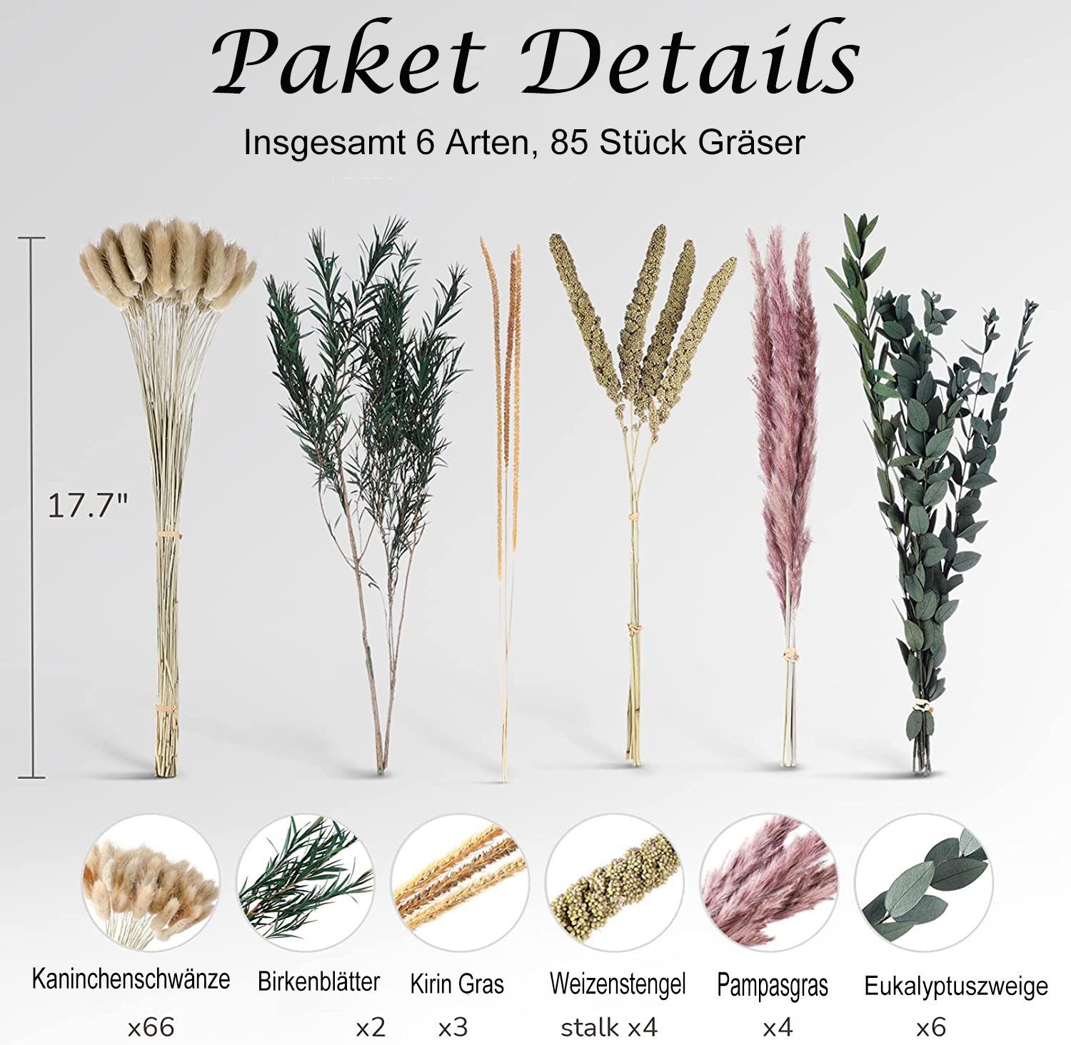 Trockenblume 100% Natürliche Trockenblumen,Pampasgras Trockenblumen Deko, 85 Stück Pampasgras Getrocknet, Flauschige Eukalyptus Pampasgras Getrocknete Blume, Mutoy, Höhe 45 cm, für Hochzeit Boho Deko,Wohnzimmer,Hochzeit