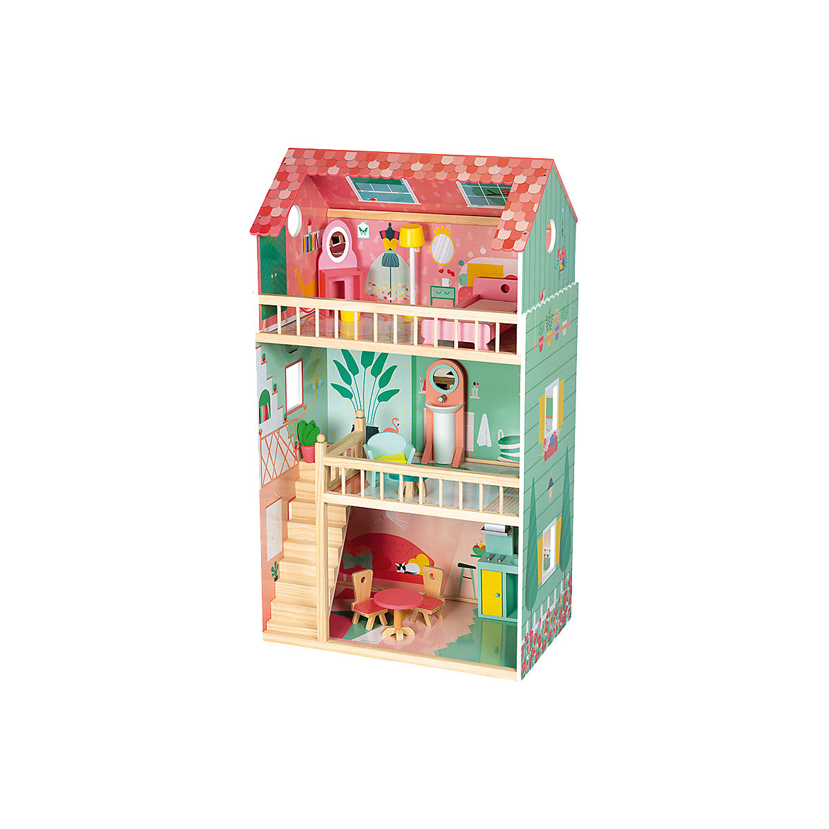 - Happy Day Holz-Puppenhaus, 3 Etagen und mit 12 Zubehörteilen, Spielzeugnachbildung, entwickelt die Fantasie, ab 3 Jahren, J06580