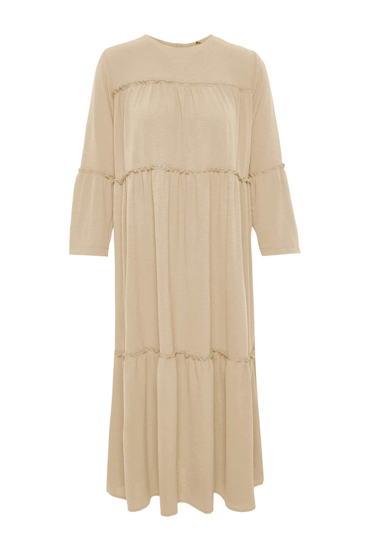Trendyol Modest  Beigefarbenes Webkleid mit Paspelierung und detailliertem Muster TCTSS24EB00089