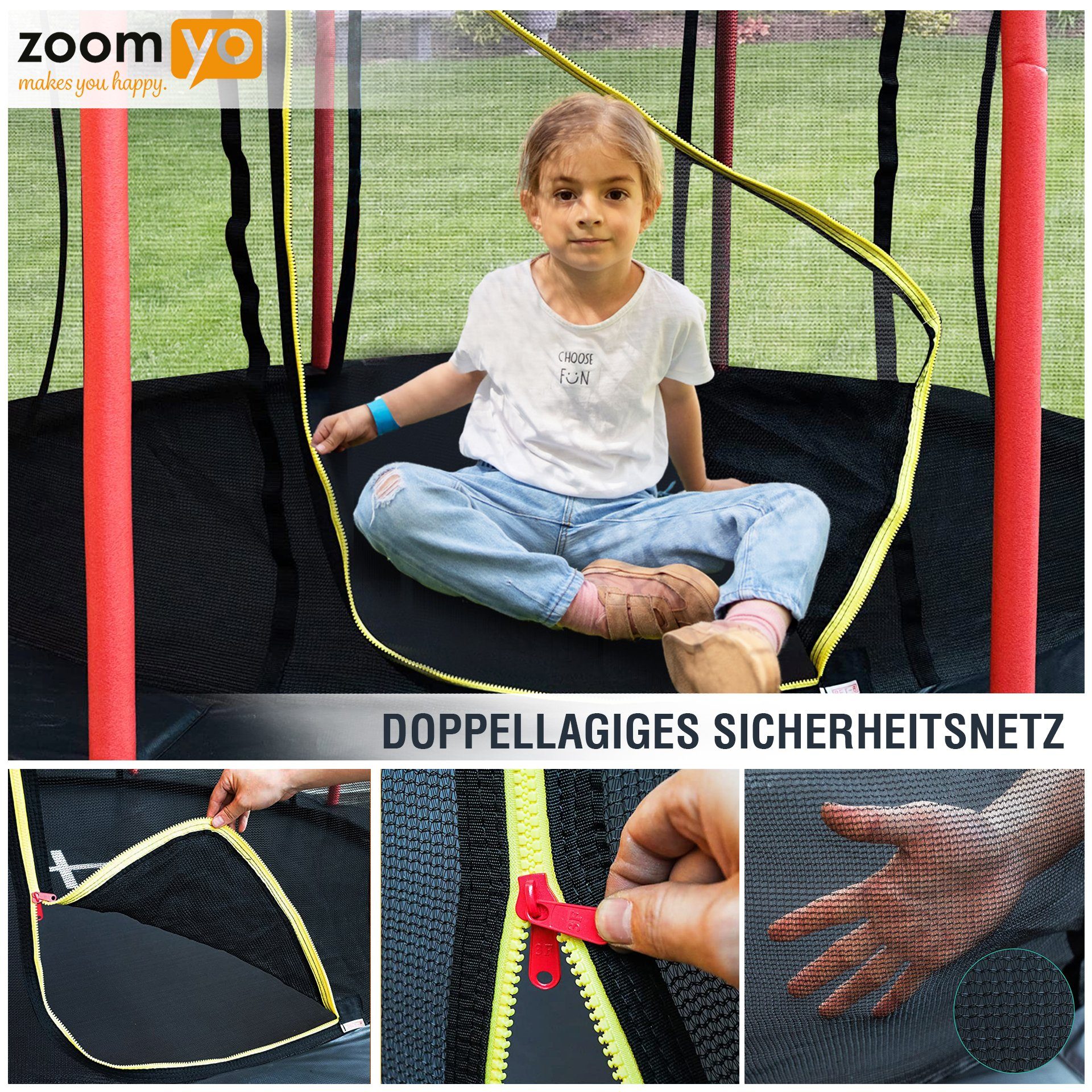 Zoomyo Gartentrampolin Garten-Trampolin Lotus, 4 Größen, rund, viele Sicherheitsfeatures, Ø 244 cm, Outdoor-Trampolin aus hochwertigen Materialien