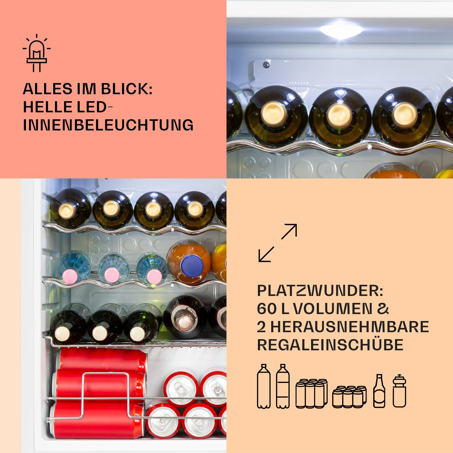 Klarstein Getränkekühlschrank HEA-Beersafe XL WG 10034929A, 63 cm hoch, 47 cm breit, Bierkühlschrank Hausbar Getränke Flaschenkühlschrank Glastür