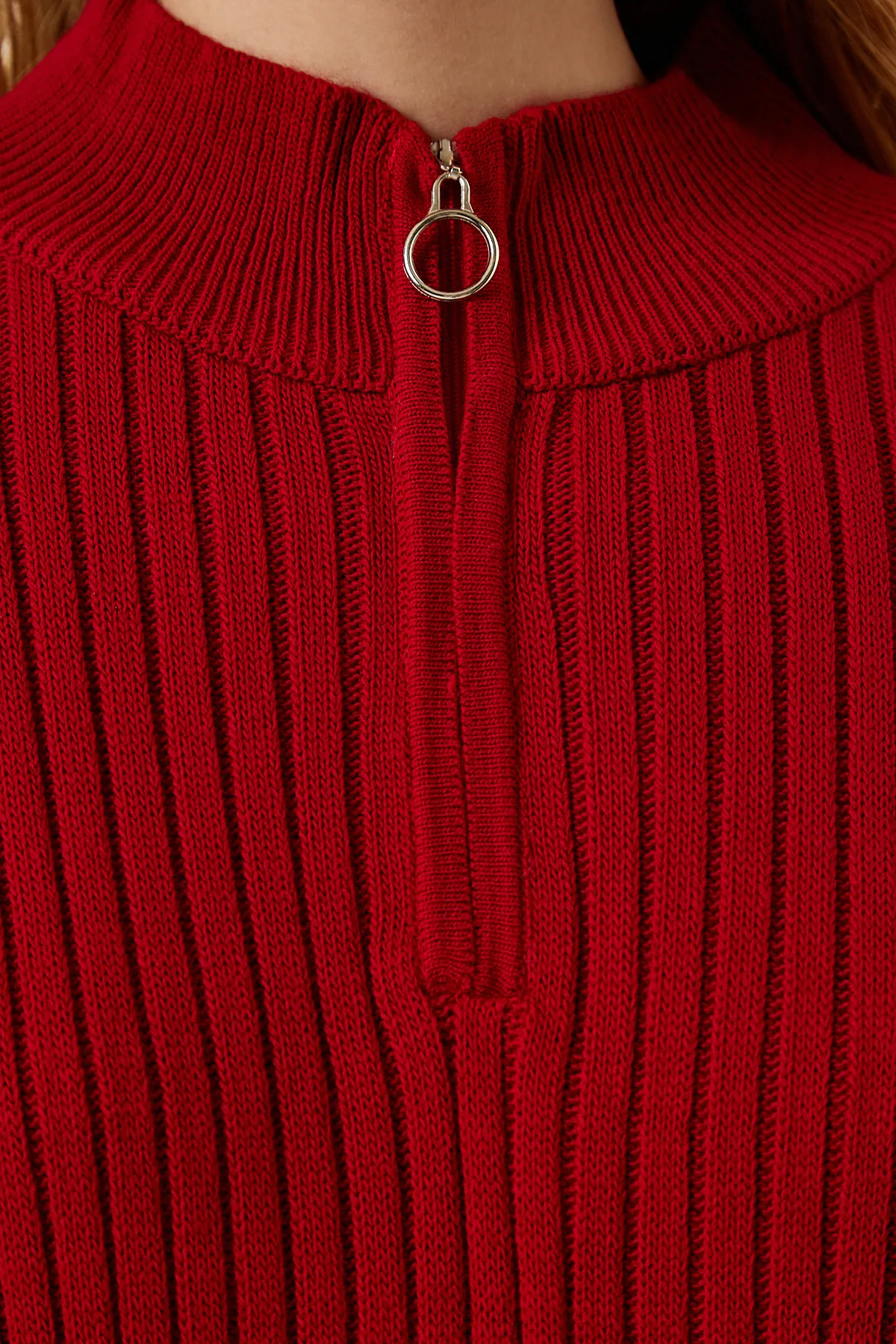 Happiness İstanbul  Rotes, geripptes Oversize-Strickkleid für Damen DD01251