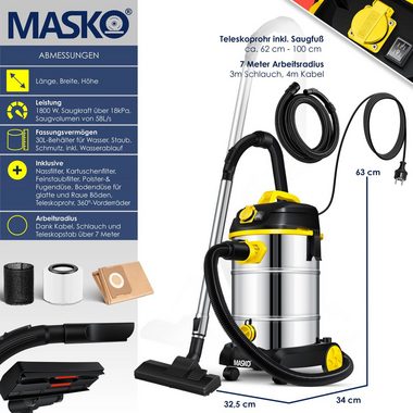 MASKO Industriesauger, 1800 W, Industriestaubsauger Staubsauger Nass Trocken Sauger Edelstahl