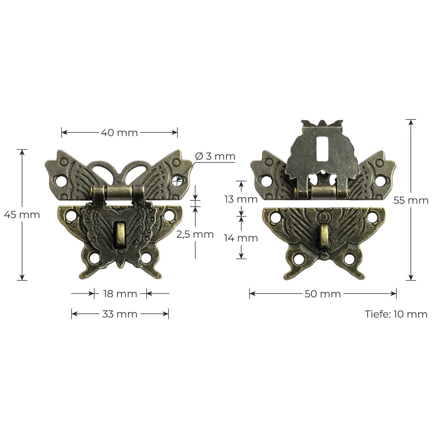 HMF Möbelbeschlag 6495 Vintage Deko Verschluss, Schmetterling aus Metall mit Schlossöse, 50 x 45 mm, Bronze