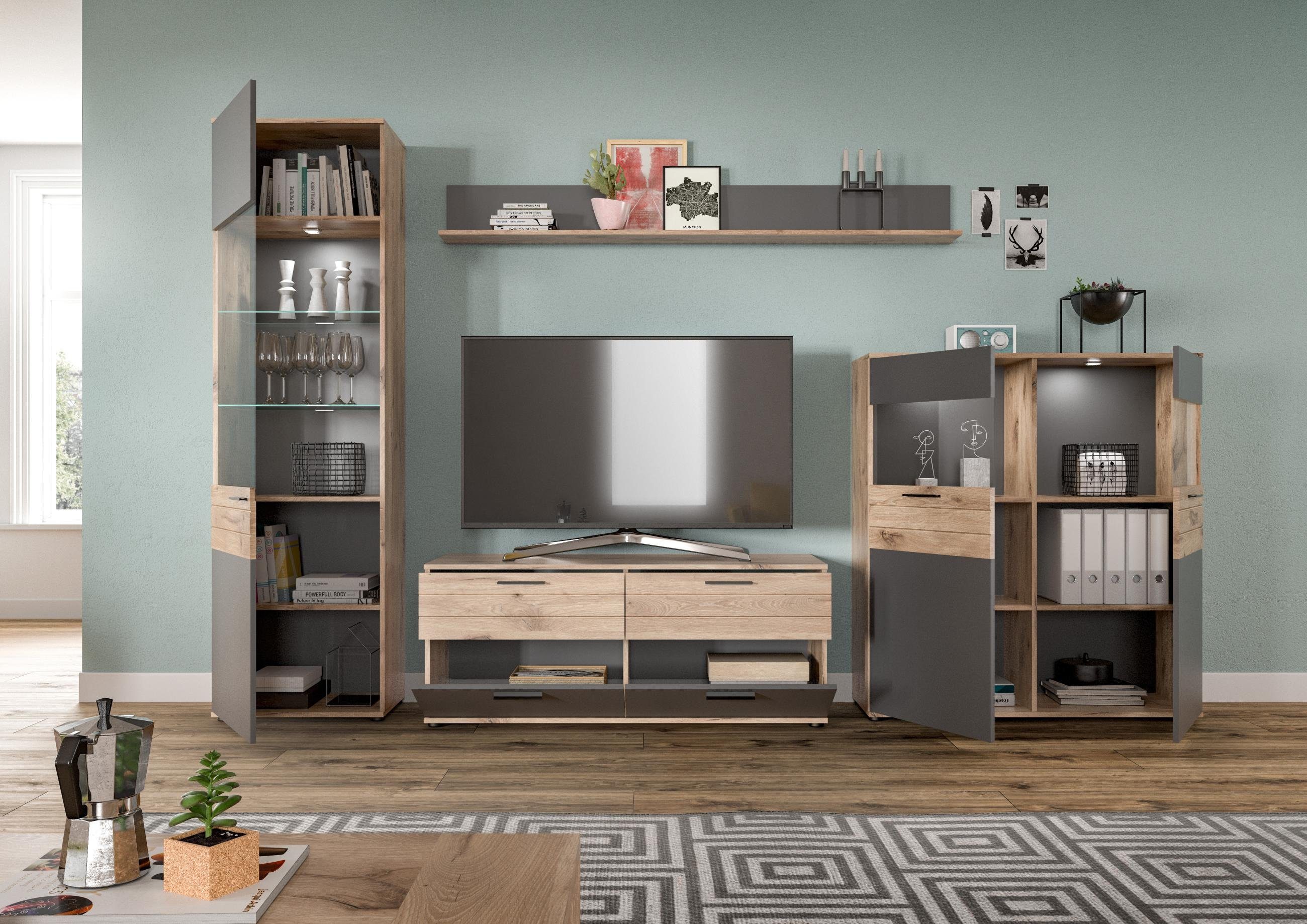 xonox.home Wohnwand Wohnwand MASON W01 4-teilig - Eiche und Basalt grau, (Komplett-Set, 4-St., Vitrine, Lowboard, Highboard, Wandboard)