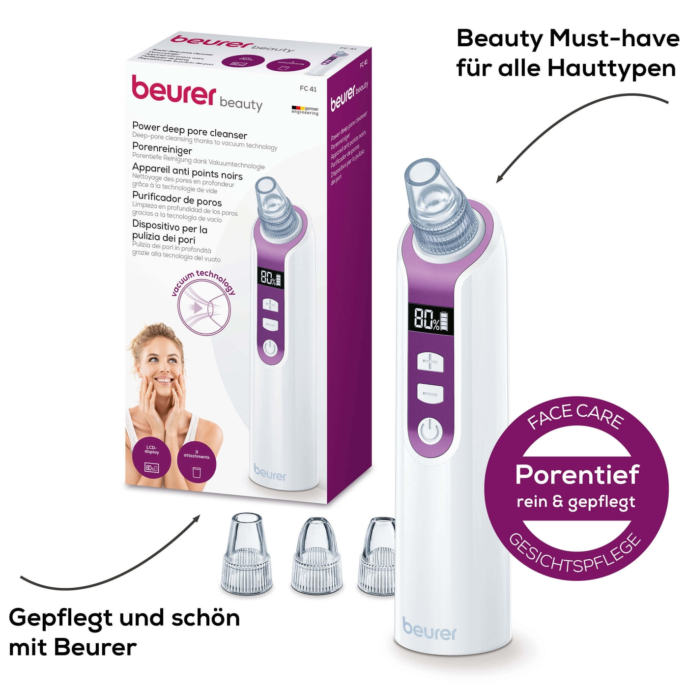 Beurer Porenreiniger FC 41-Mitesserentferner und porentiefe Reinigung dank Vakuumtechnologie