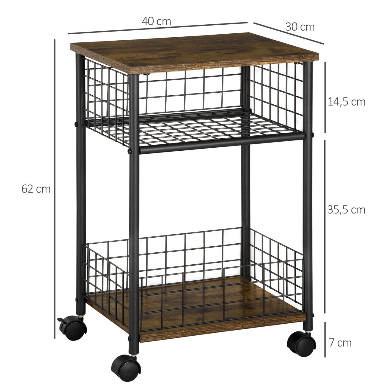 HOMCOM Küchenwagen Servierwagen mit Arbeitsplatte und 2 Aufbewahrungskörben Beistellwagen mit 360°-Lenkrollen Küchentrolley Aufbewahrungswagen Spanplatte Rustikal-Braun 40 x 30 x 62 cm