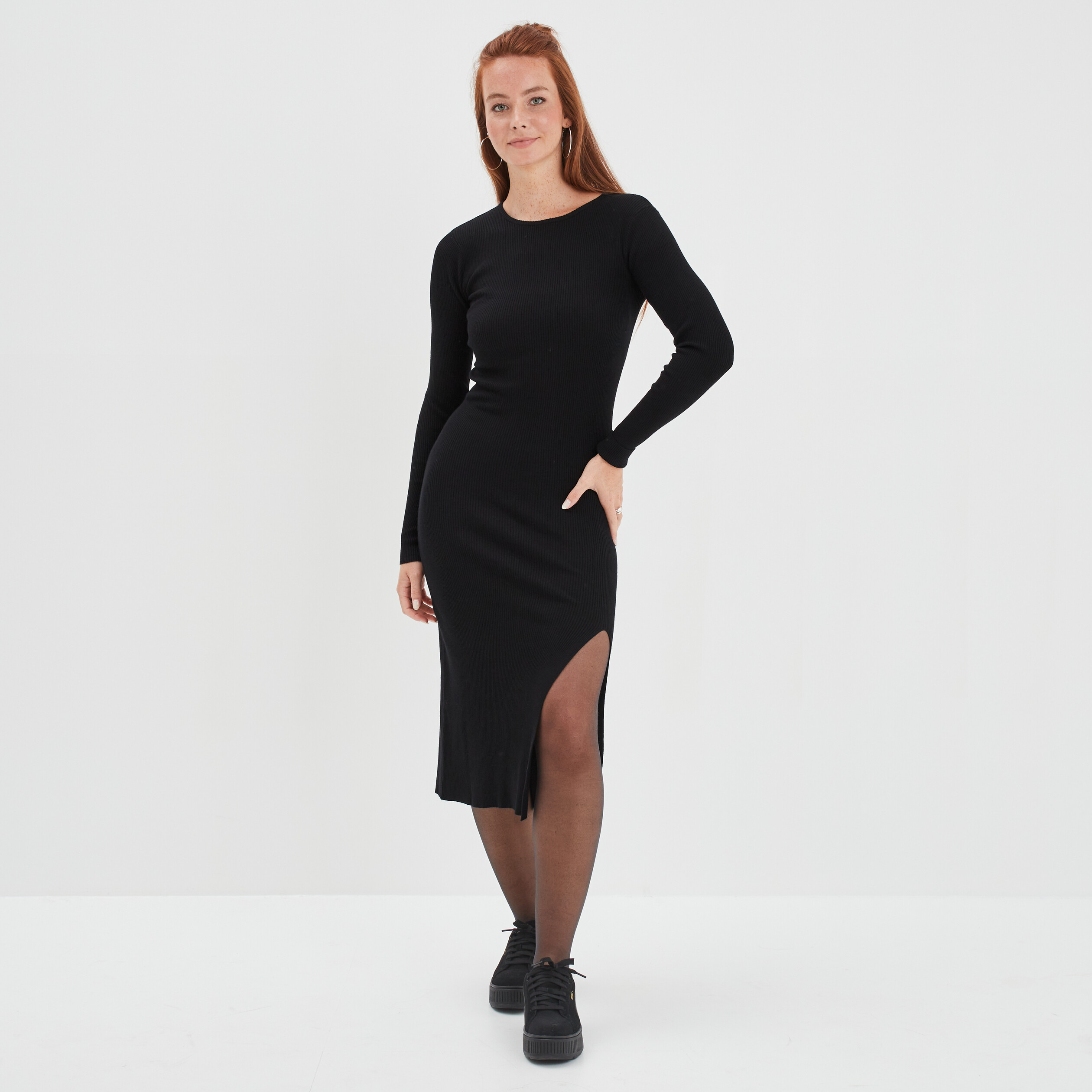 Robe pull longue moulante fendue noir femme | La Halle