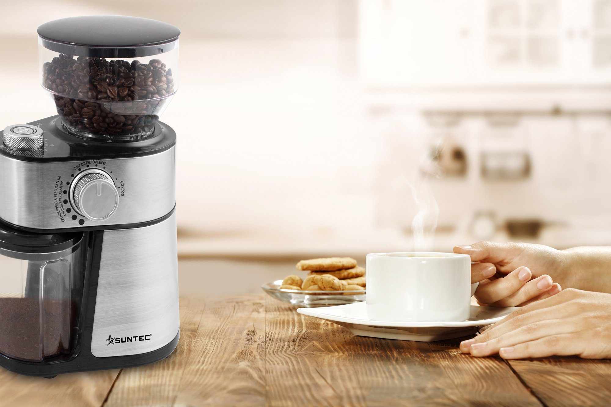 Suntec Wellness Kaffeemühle KML-8450 design pro, 200,00 W, Scheibenmahlwerk, 200,00 g Bohnenbehälter, Stahlmahlwerk für ganze Kaffeebohnen, 96 g Auffangbehälter, 18 Stufen