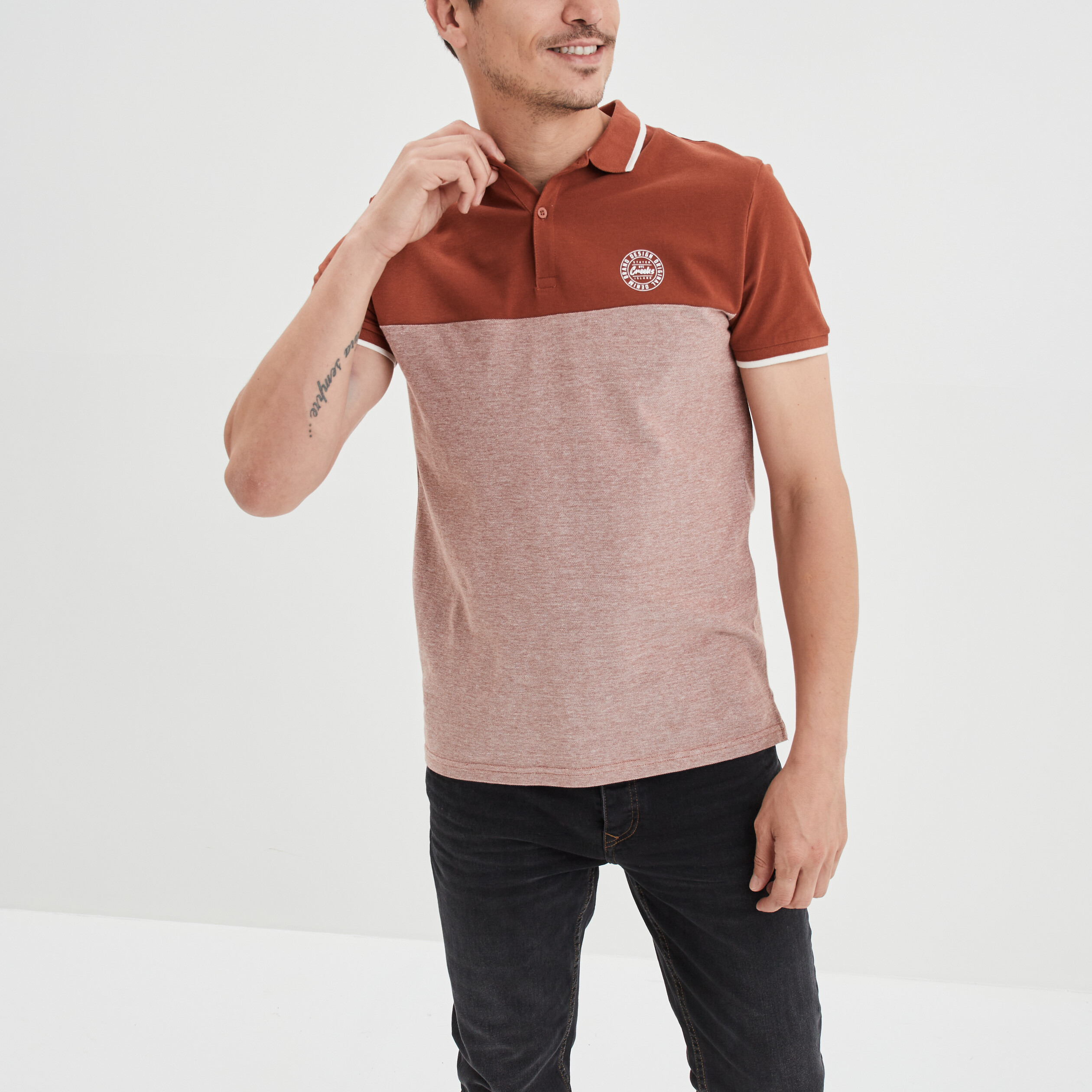 Polo manches courtes coton Creeks marron foncé homme | La Halle