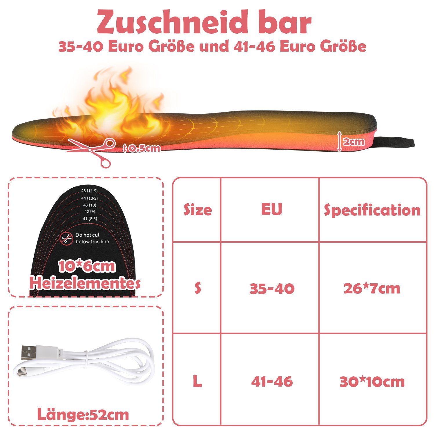 Gimisgu Thermosohlen Beheizte Einlegesohlen, 41-46, Sohlenwärmer, USB Wiederaufladbar (Set, 5-tlg., 1 Paar), Fernbedienung, 3-stufige Temperaturregelung, mit usb-Ladekabel