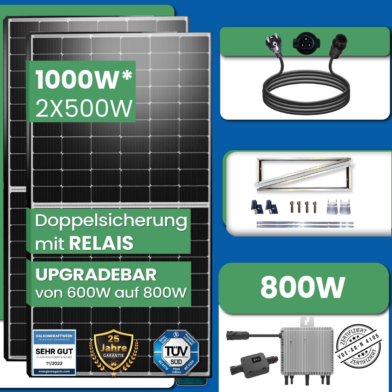 EPP.Solar Solaranlage 1000W Photovoltaik Balkonkraftwerk Komplettset Solarmodule, Monokristallin, (Mit Halterung Aufständerung Ost-West PV-Montage Balkon Mini-PV Anlage, DEYE WLAN Wechselrichter 600W Upgradebar auf 800W), Balkon-Solaranlage steckerfe