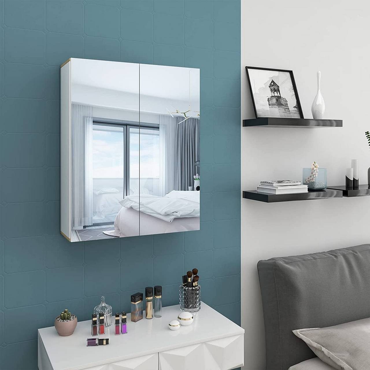 EUGAD Spiegelschrank (1-St) mit Doppeltür, 60x75x20cm, weiß und helle Eiche
