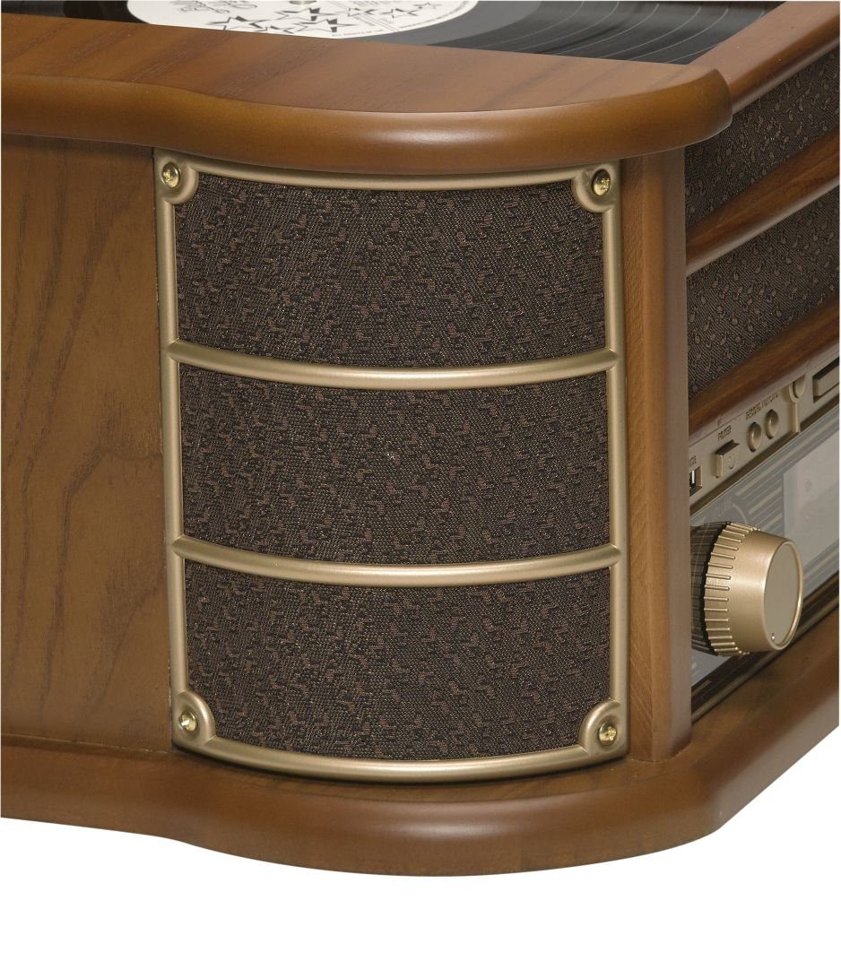 Denver MCR-50MK2 Retro Plattenspieler aus Holz mit Radio Kassette Soundbox Radioplattenspieler (Riemenantrieb, CD Player mit MP3 Wiedergabe, USB für MP3 Wiedergabe und Aufnahme, Kassettendeck auf der Seite des Geräts, AM/FM Radio mit Antenne, LCD Dis