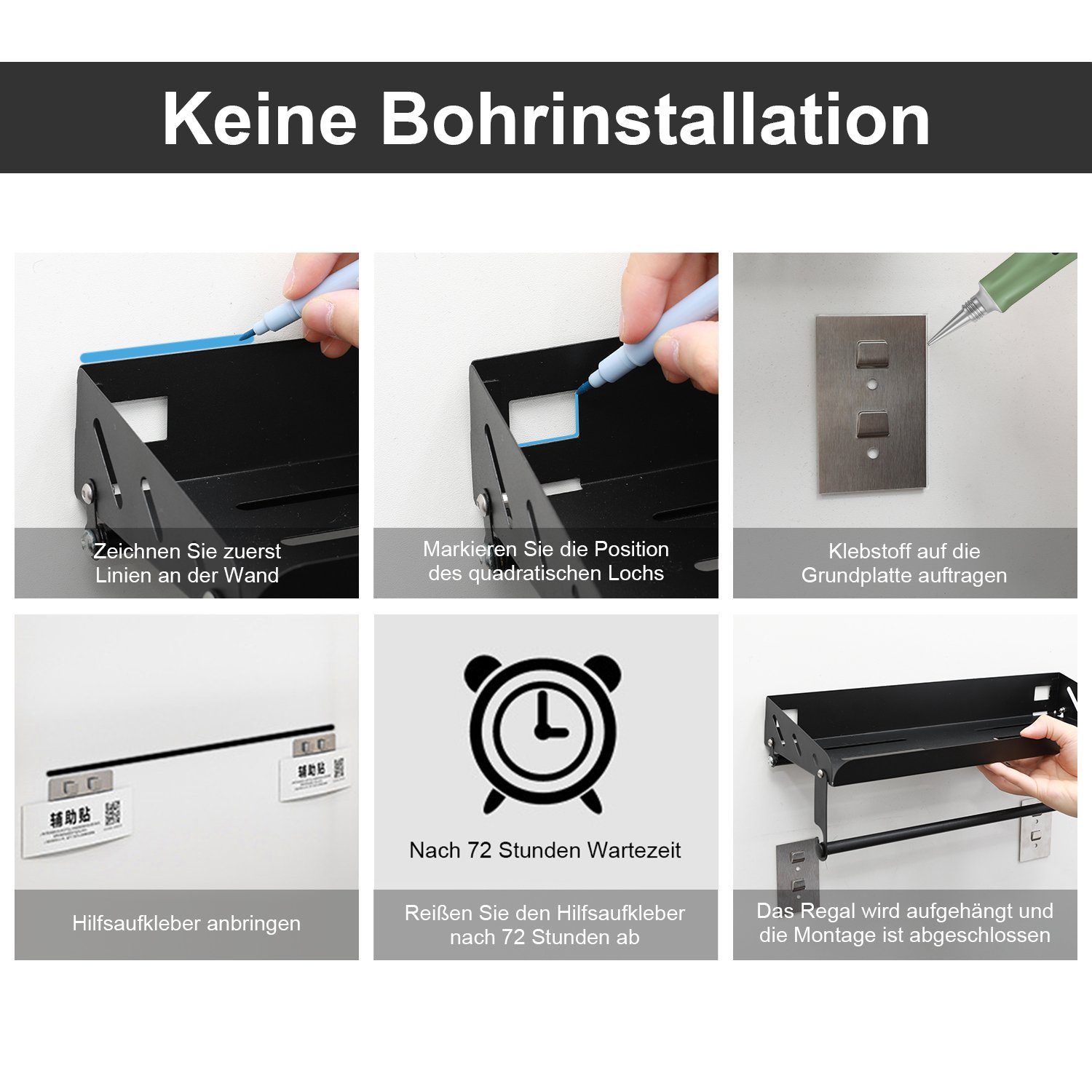 Vicbuy Gewürzregal mit Küchenrollenhalter, Küchenregal, Edelstahlregal, Kühlschrank Regal, 40cm Lagerregal mit 8 Haken und Stange, Wandregal ohne Bohren, für die Küche