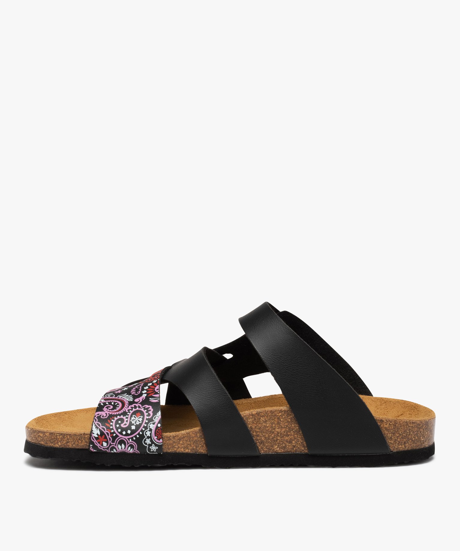 Mules femme plates à brides imprimées et semelle liège noir | GEMO