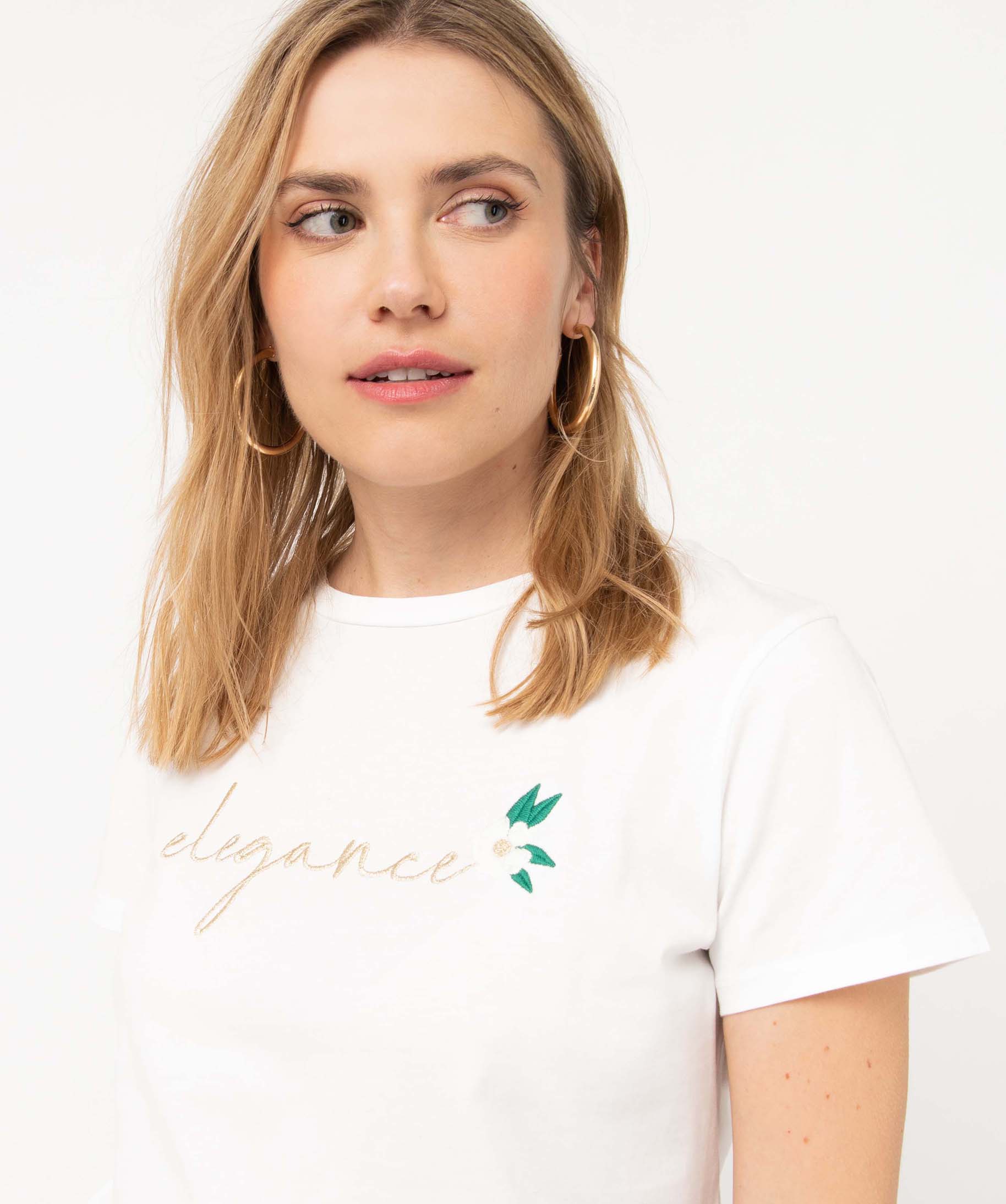 Tee-shirt femme à manches courtes à message brodé ecru | GEMO