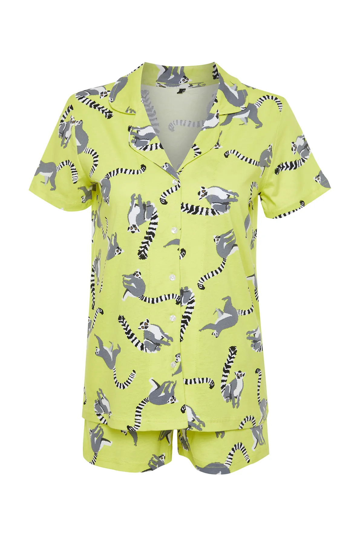 Trendyol Collection  Grünes Strickpyjama-Set aus 100 % Baumwolle mit Tiermuster THMSS24PT00109