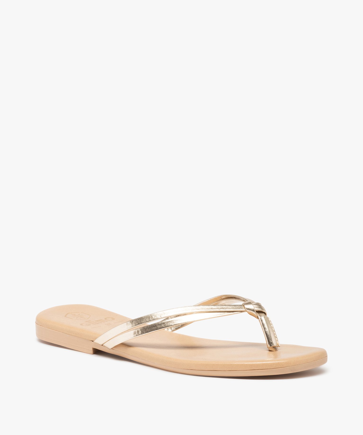 Tongs femme à talon plat unies et fines brides nouées or | GEMO