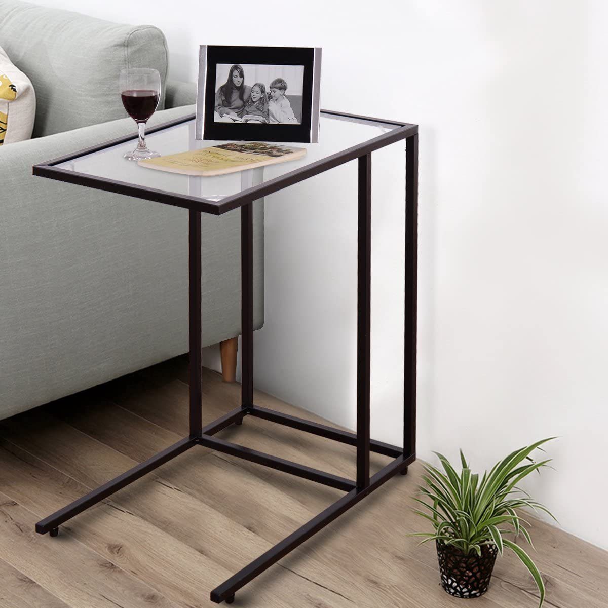 COSTWAY Beistelltisch, Laptoptisch fürs Bett, aus Glas 55,5 x 35 x 65 cm