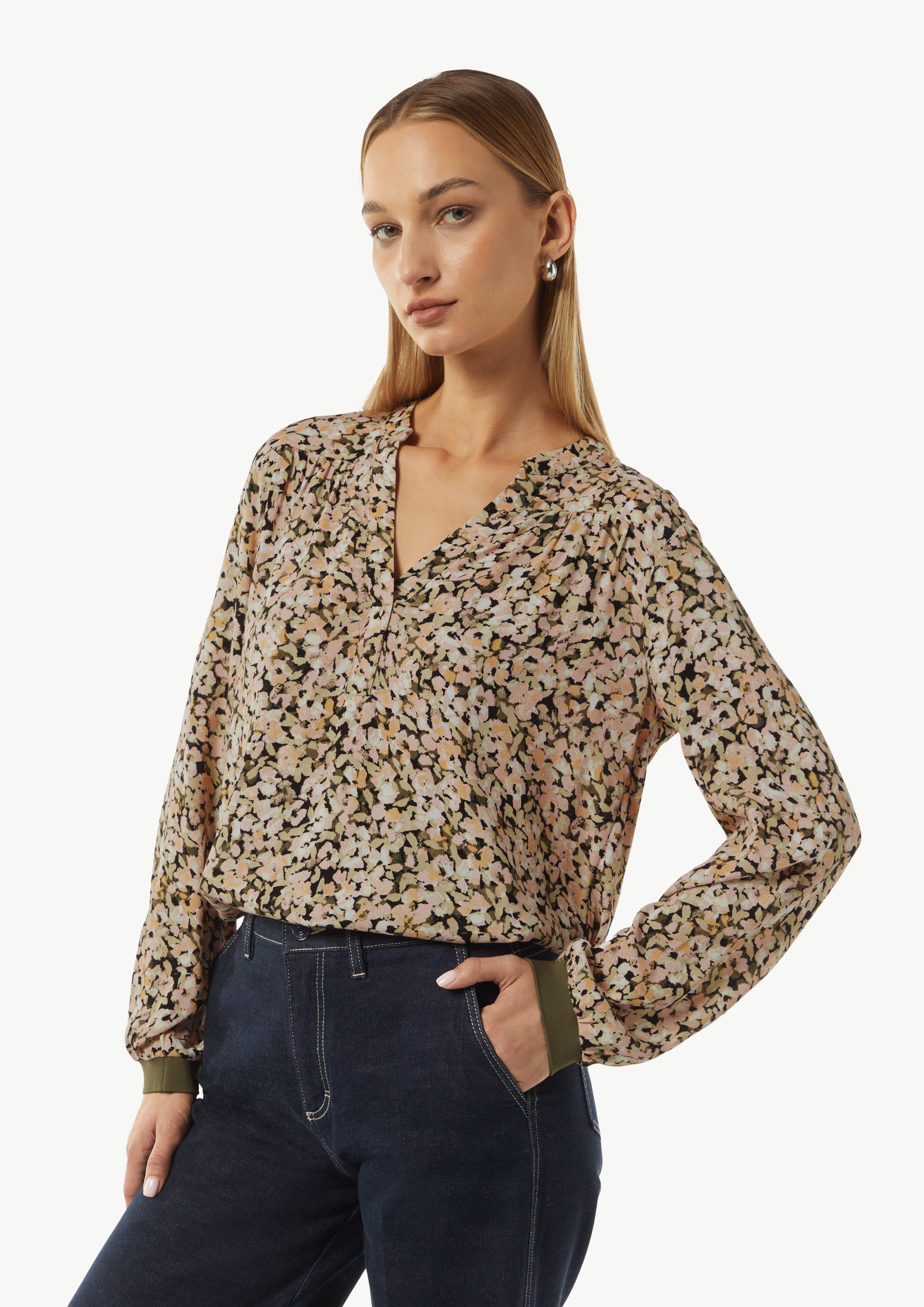 Floral gemusterte Bluse aus Crêpe mit Rippdetail - pfirsich