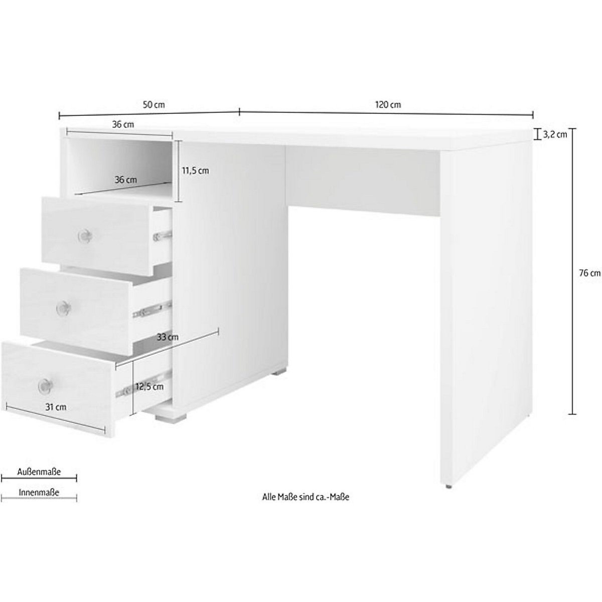 Schreibtisch Computertisch Ise 120x50x76cm mit Schubladen
