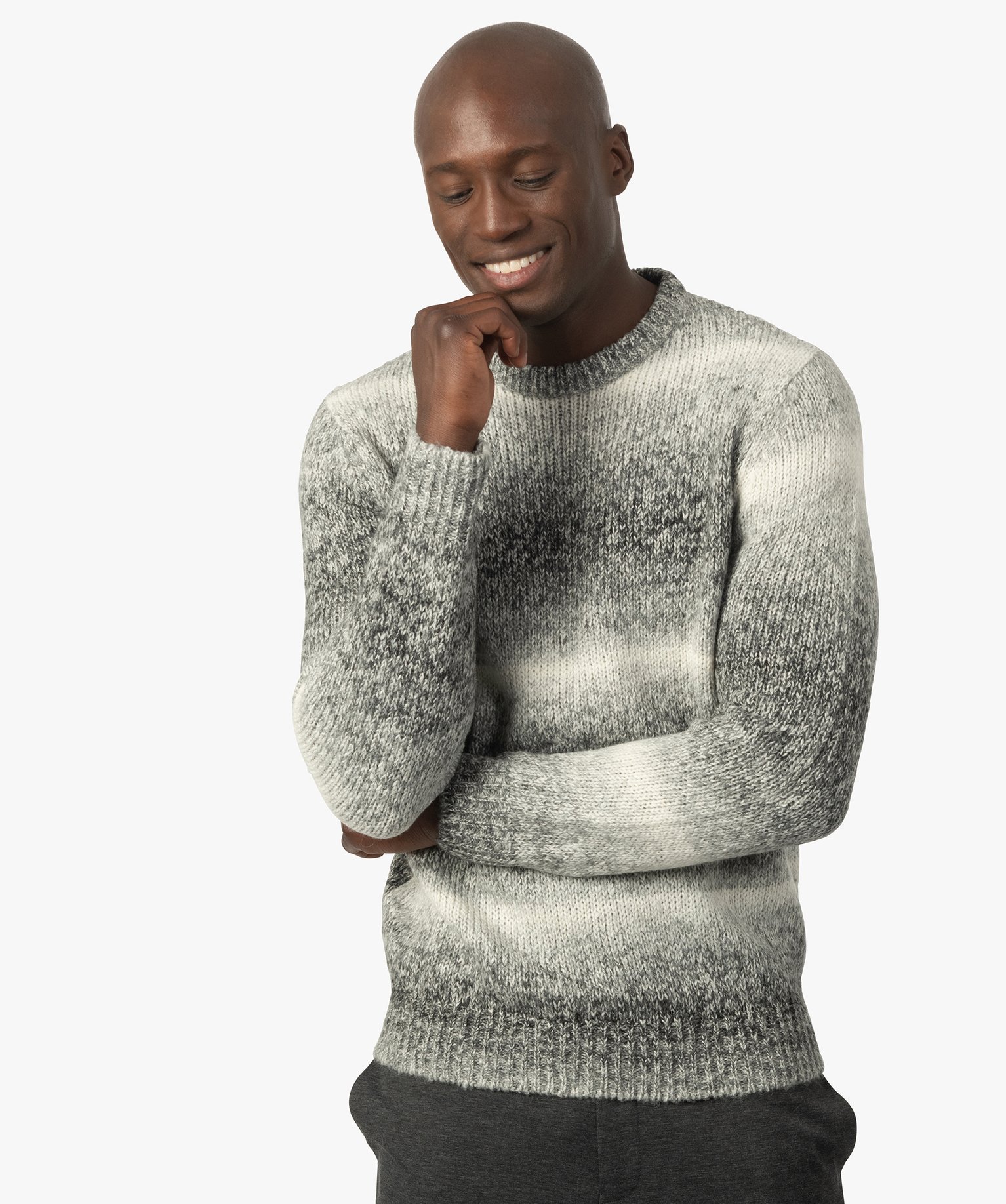 Pull homme avec col rond en maille chinée gris | GEMO