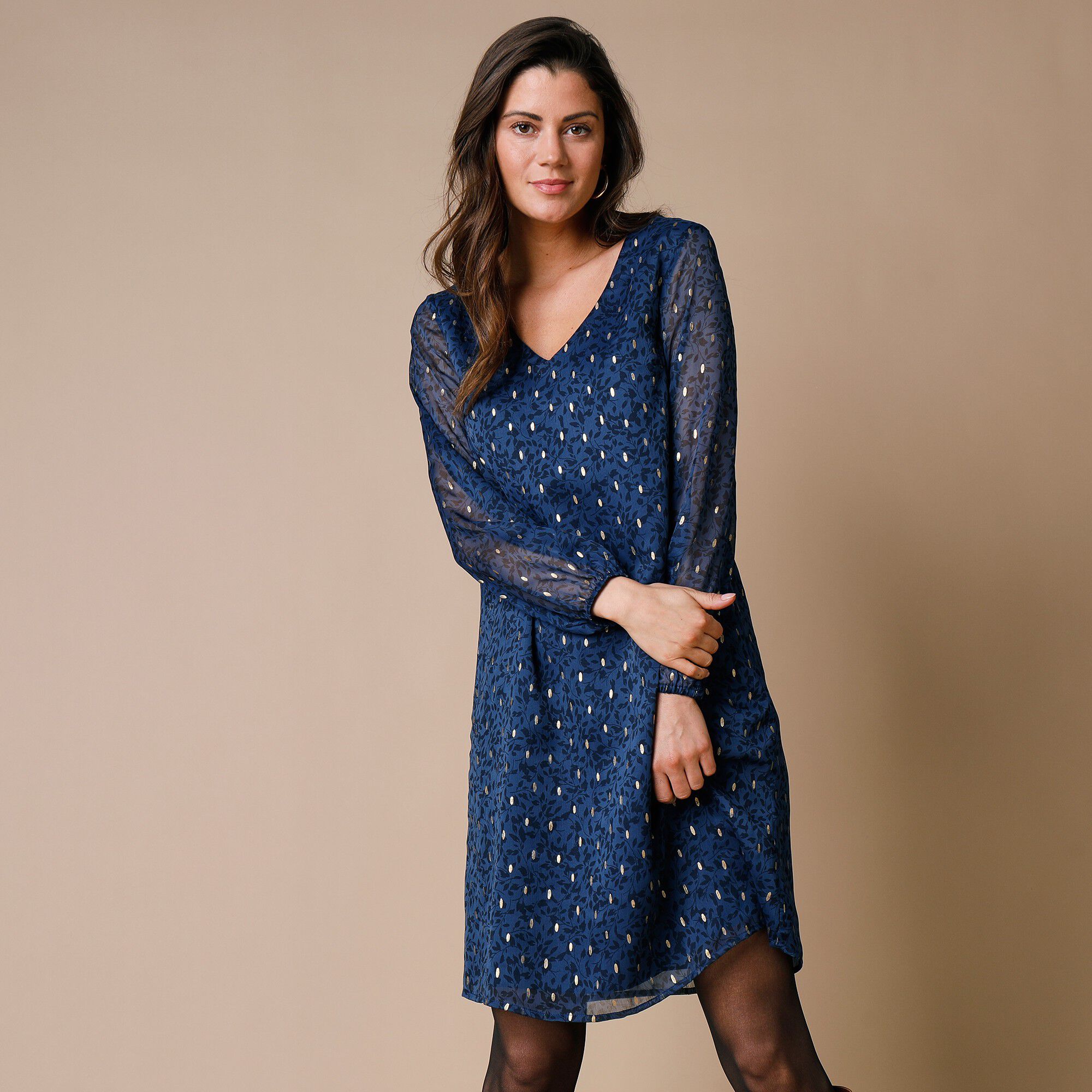 Robe évasée voile imprimé doré