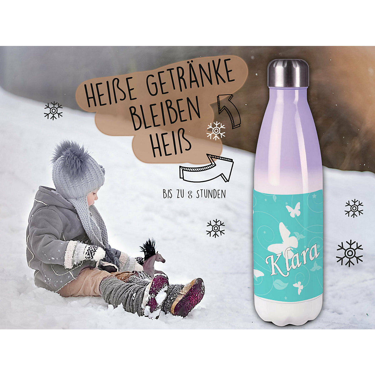 Edelstahl Kinder Thermoflasche / Trinkflasche bunt Schmetterling Ornamente Farbe türkis Spülmaschinenfest, Auslaufsicher, Bruchfest, Doppelwandig, Für Heißgetränke geeignet, Mit Deckel, Isoliert