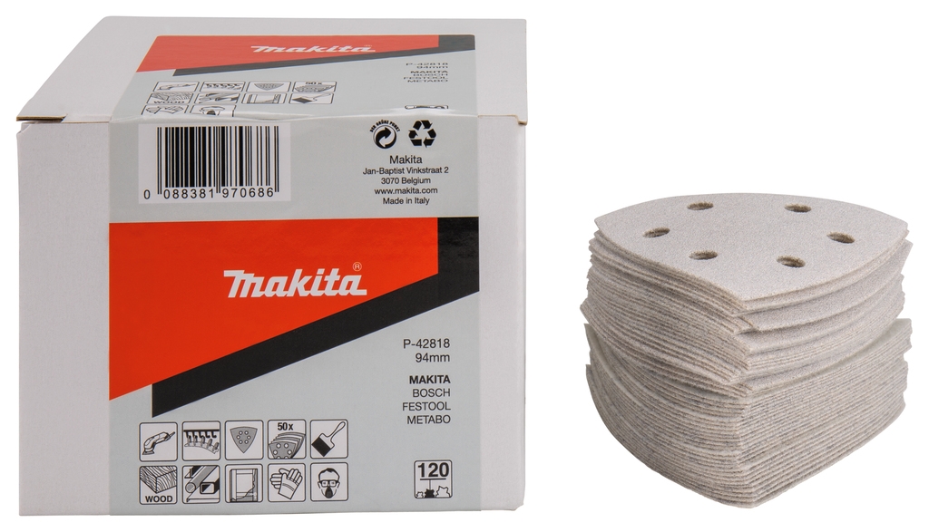 Makita Zubehör P-42818 Schleifblatt 94 x 94 K120 Weiß Klettverschluss 50 Stück