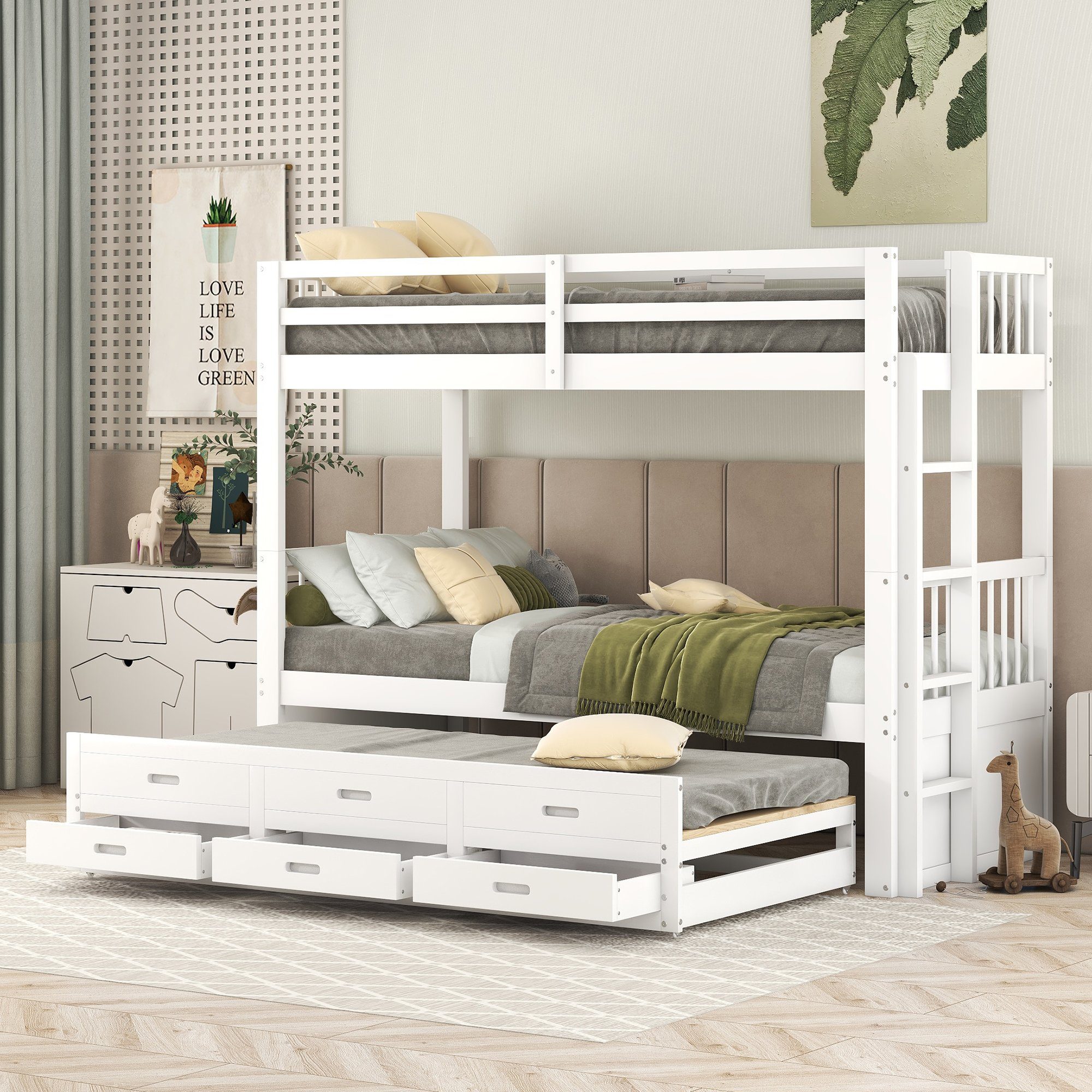 REDOM Bett Etagenbett Kinderbett Hausbet Einzelbett (Bettgestell aus Kiefer und MDF mit Leiter undausziehbarem Bett, 3 Schubladen), 90x200cm, Matratze nicht enthalten
