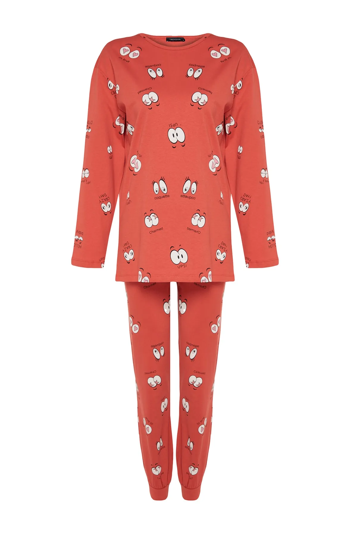 Trendyol Collection  Zimtfarbenes T-Shirt-Jogger-Strick-Pyjama-Set aus 100 % Baumwolle mit Augenmuster THMAW22PT0270