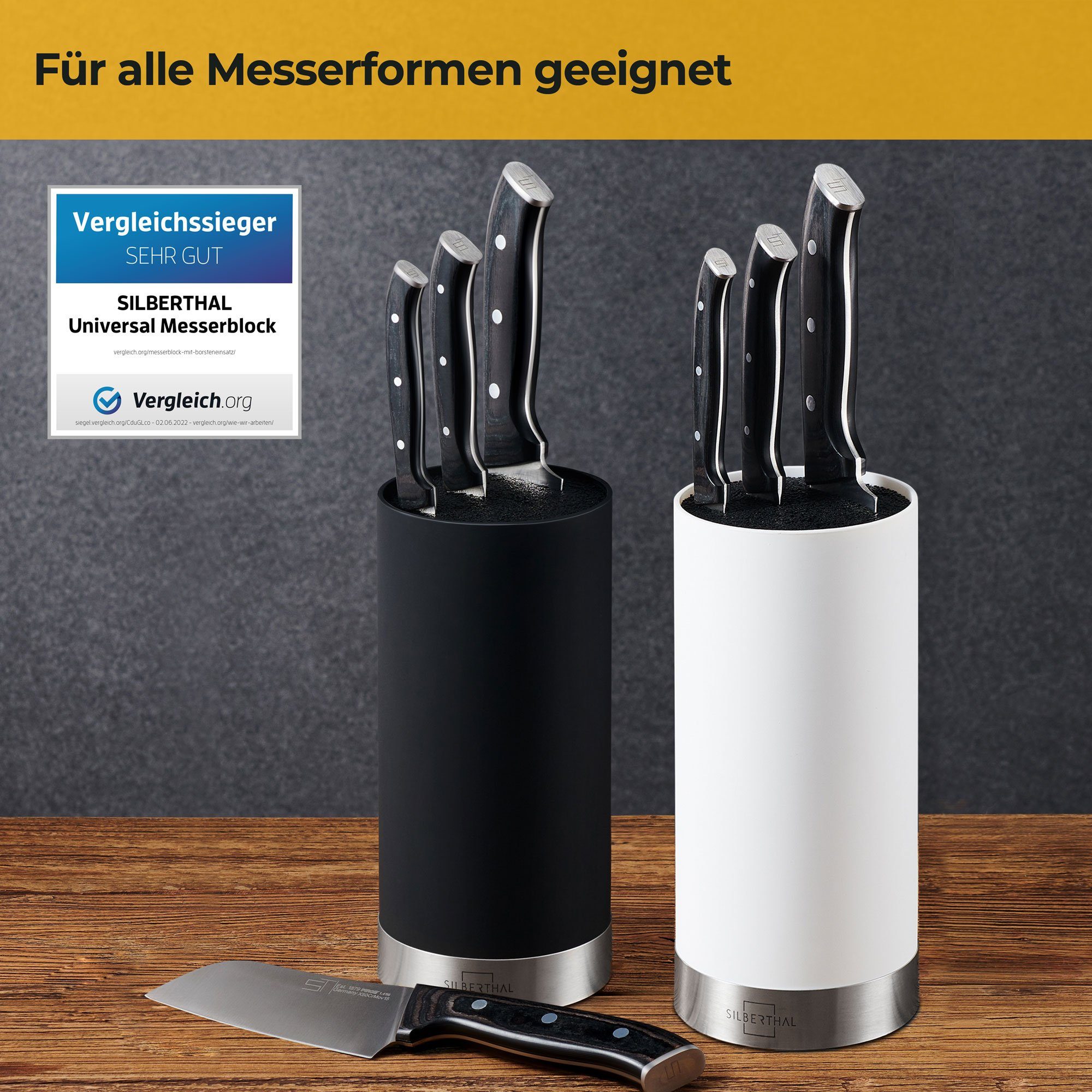 SILBERTHAL Messerblock ohne Messer in Schwarz mit elegantem Edelstahlring (1tlg), flexibler Borsteneinsatz