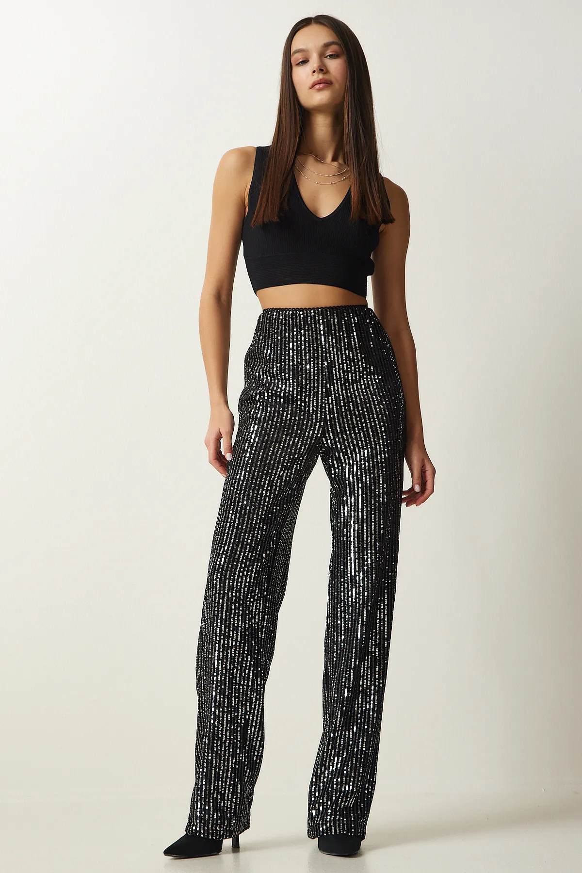 Happiness İstanbul  Graue Palazzo-Hose mit Pailletten für Damen MC00250