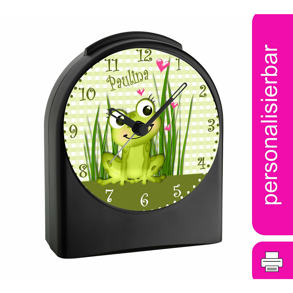 Kinder Funkwecker personalisiert mit Namen Frosch Atom-/Funkuhr, 12-Stunden-Anzeigeformat, Schlummerfunktion, Nachtlicht, Geräuschlos/Ohne Ticken