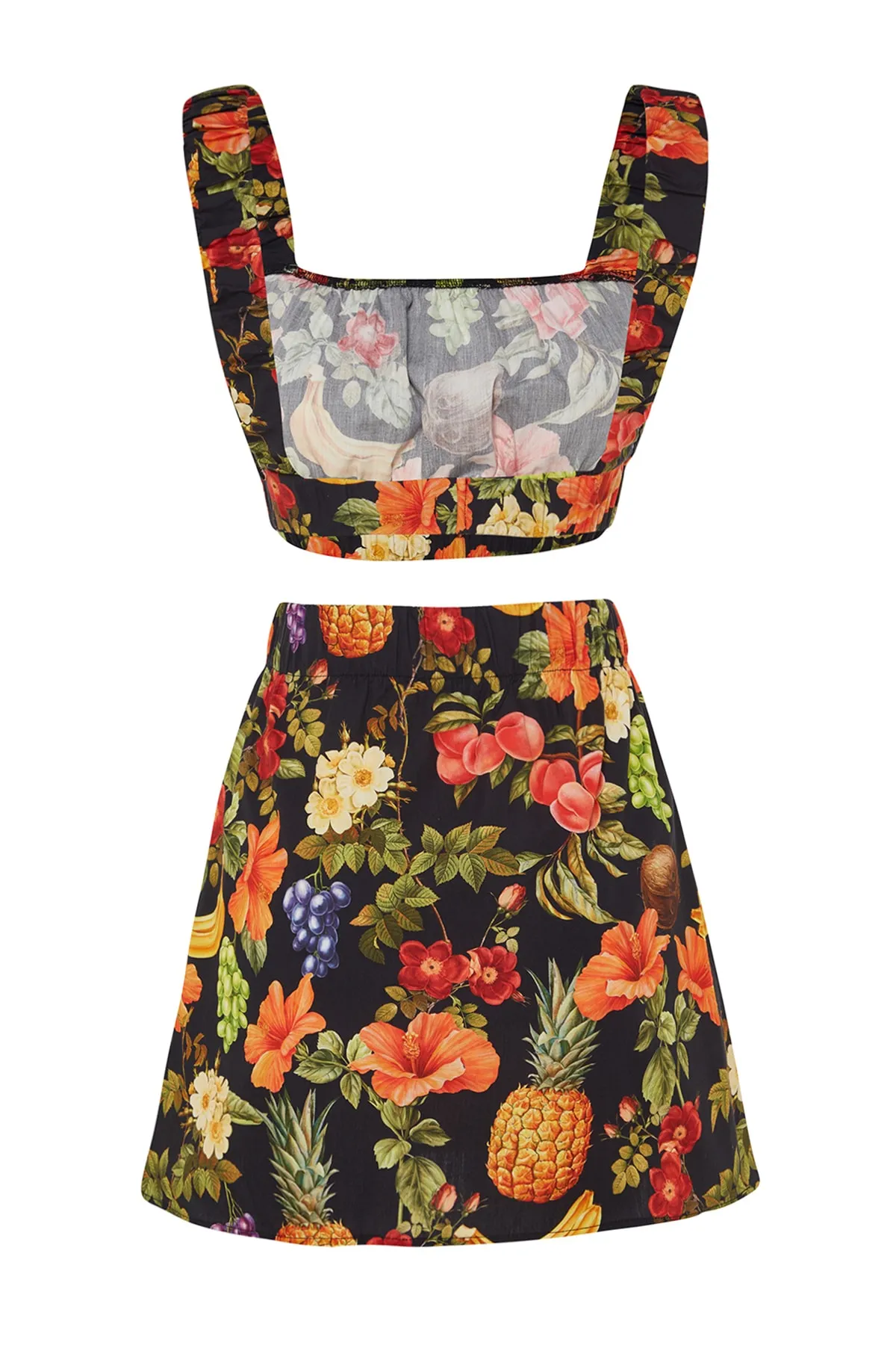 Trendyol Collection  Blusen- und Rock-Set aus 100 % Baumwolle mit Obstmuster und gerafftem Webmuster TBESS23AU00170