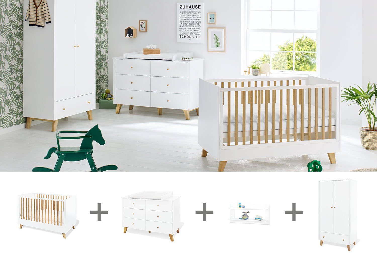 Pinolino® Babyzimmer-Komplettset Pan, (Set, 4-St., Kinderbett, Wickelkommode, Schrank, Wandregal), extrabreit; mit Kinderbett, Wickelkommode, Schrank und Wandregal