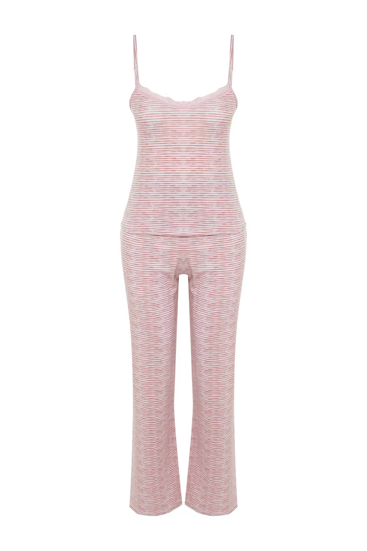 Trendyol Collection  Pyjama-Set aus gestreifter Baumwolle mit Spitzendetail und Seilträgern in Puderfarbe THMSS23PT00227