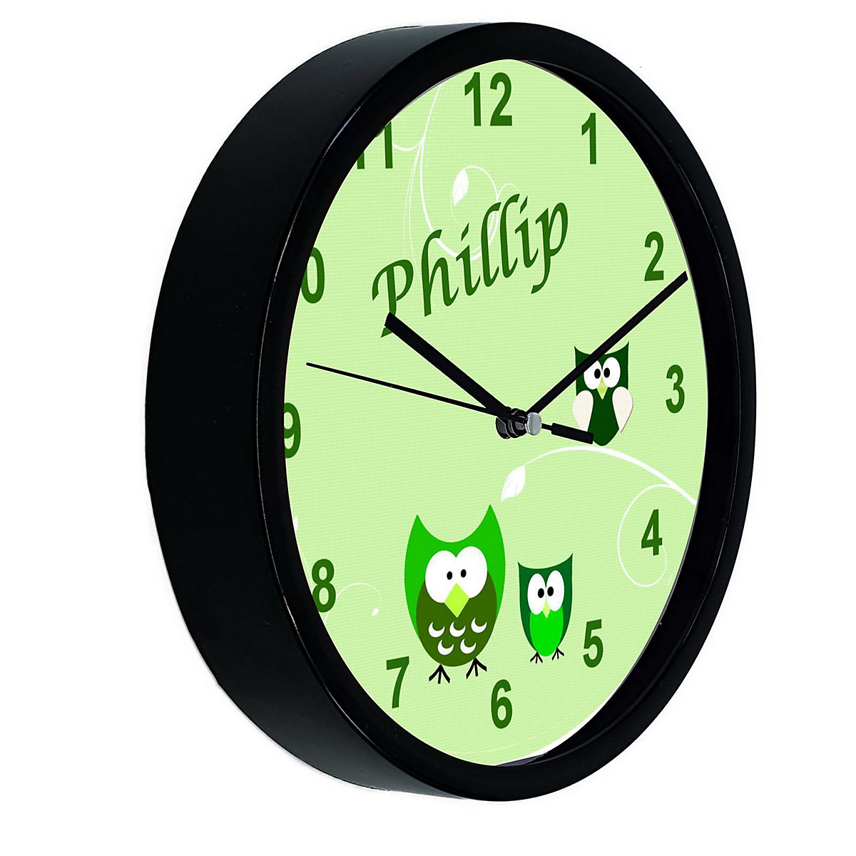 Kinder Wanduhr laufruhig personalisiert mit Name Eule Grün