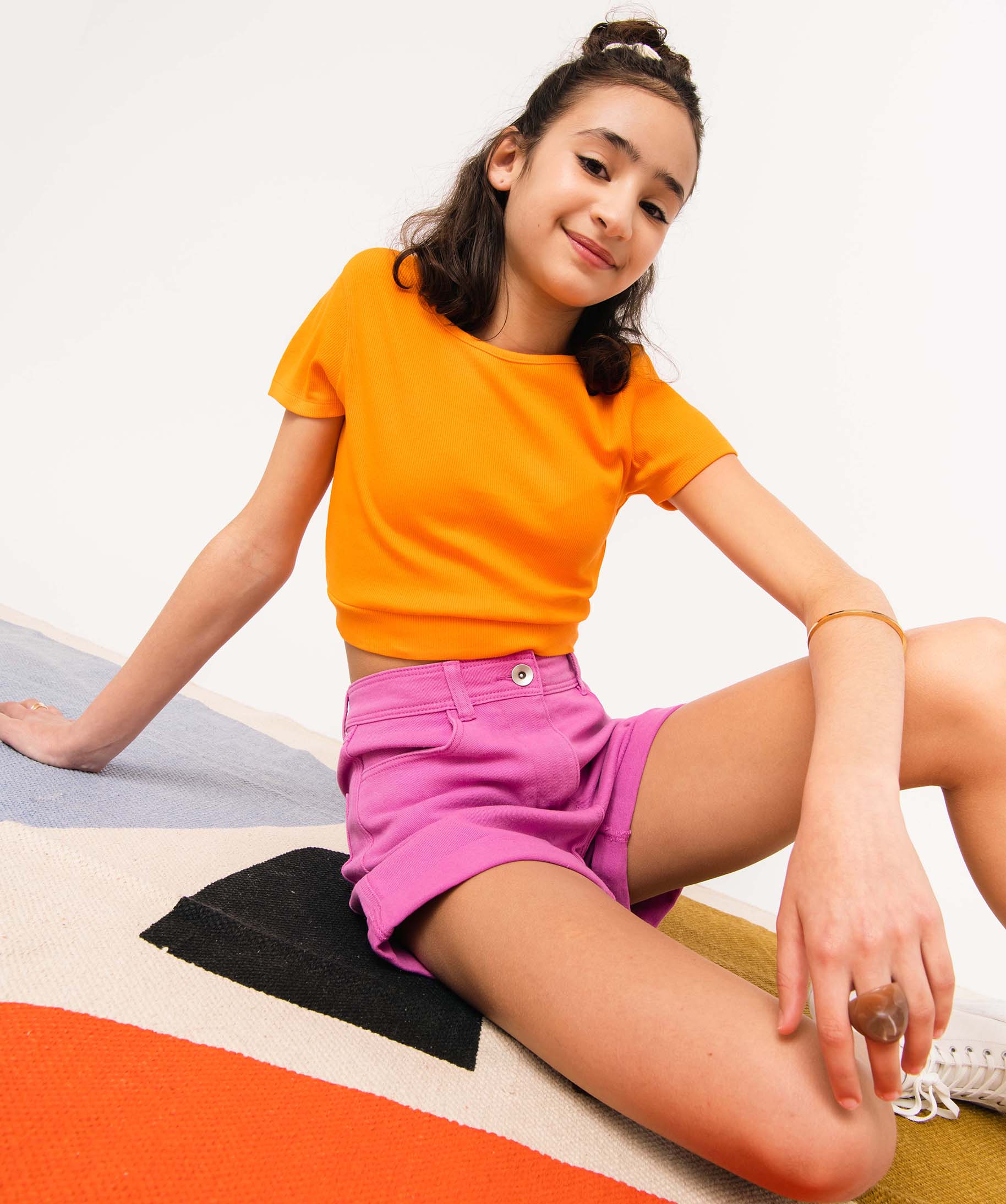 Tee-shirt fille en maille ctelée coupe courte orange clair | GEMO