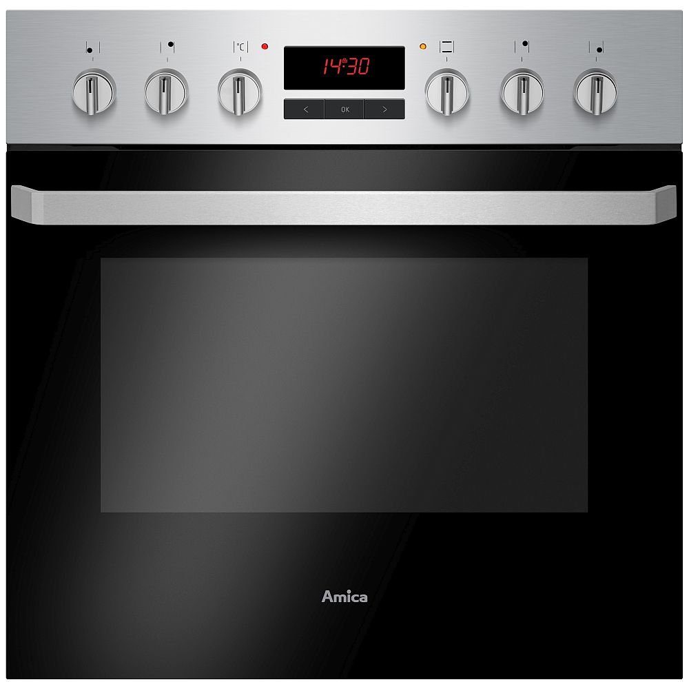 Amica Elektro-Herd-Set Fine Design Herd Set Backofen Glaskeramik Kochfeld Umluft Timer Bräterzone, Steam Clean Reinigung, Umluft Grill Kochfeld mit Bräter-+ Zweiskreis-Zone