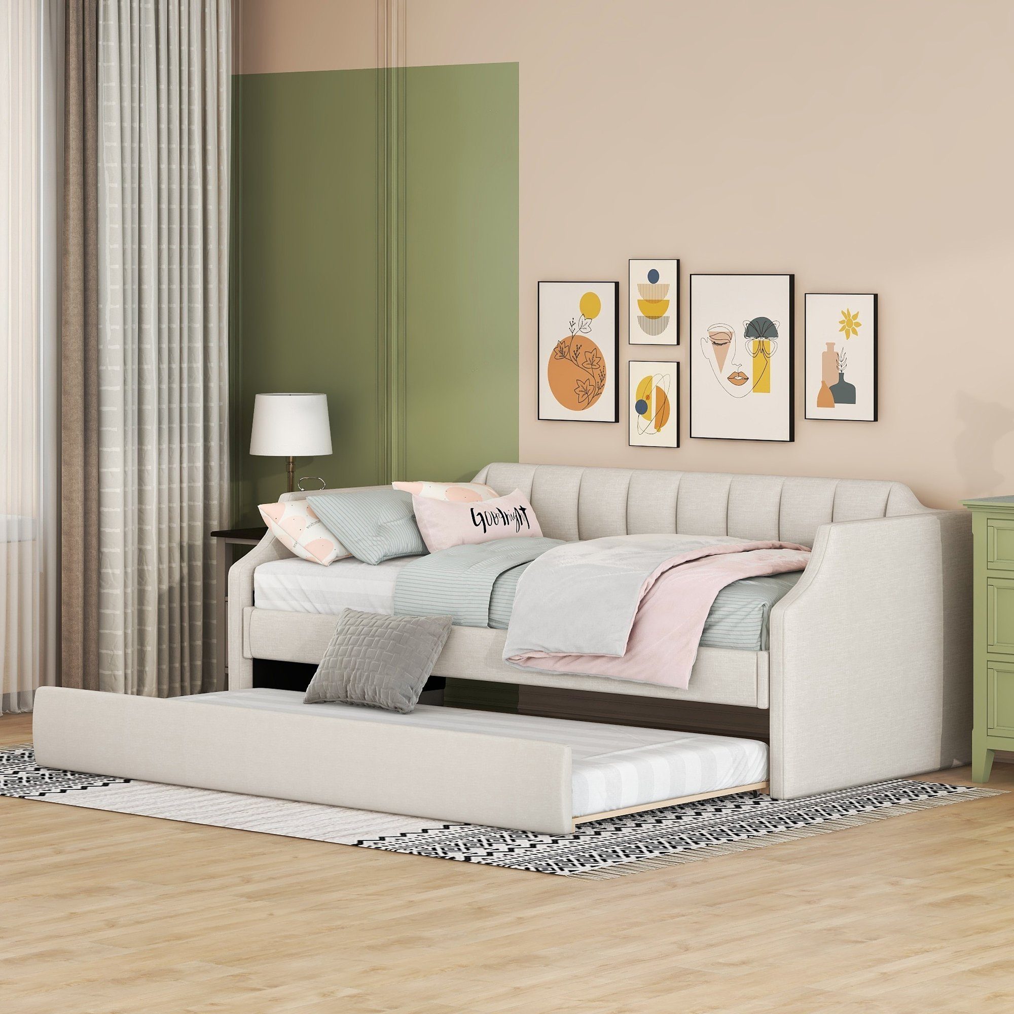 HAUSS SPLOE Schlafsofa Schlafsofa Holzbett Schiebebett Kinderbett Einzelbett, Gepolstertes Single Daybed mit Rollbett, Ohne Matratze, Ohne Matratze